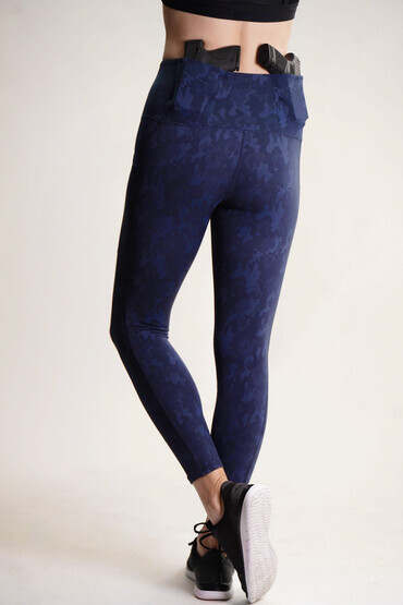 Alexo Women's Face Forward Concealed Carry Leggings features a navy camo pattern